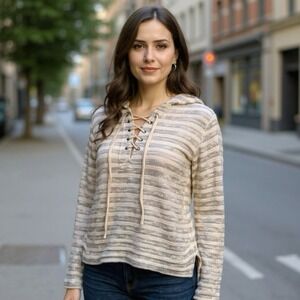 Kenneth Cole Striped Cropped Lace-Up Hippie Hoodie Long Sleeve Casual Top MM